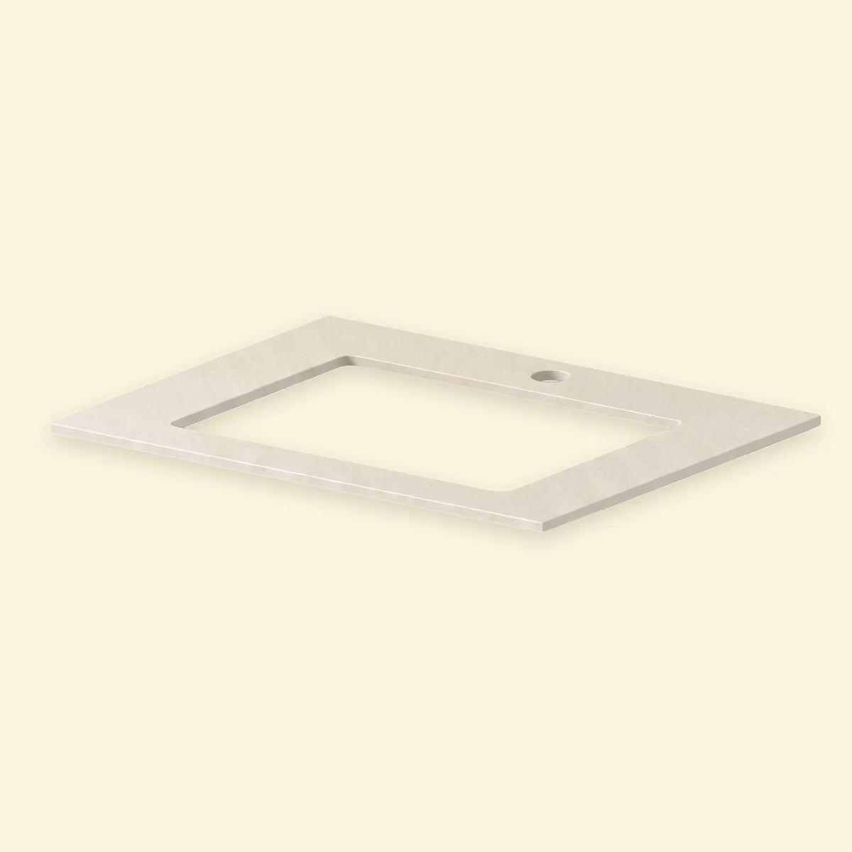 Bancada de trabalho em cerâmica branco-creme com recorte para lava-loiça e torneira Pilotis
::visuel:creme