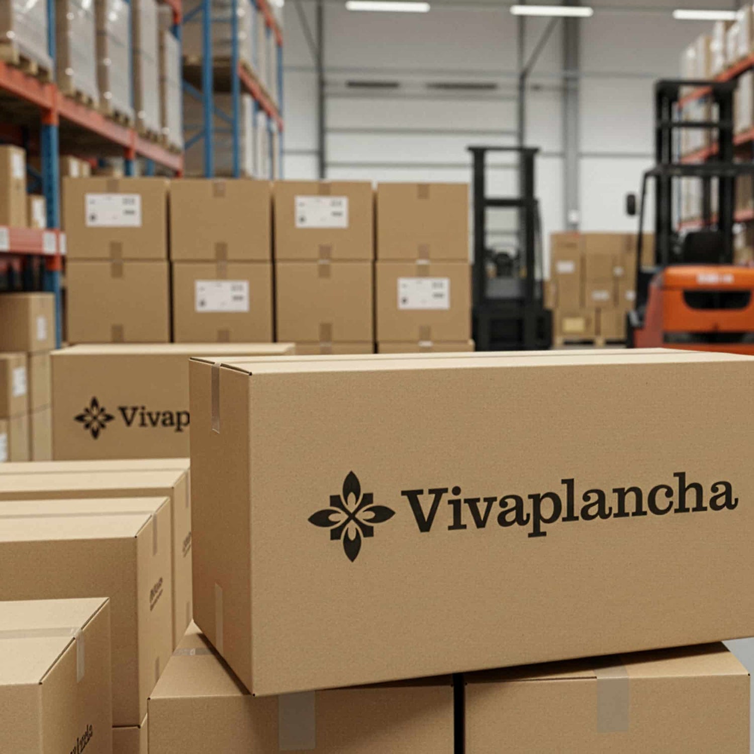 Cartons d’expédition vivaplancha empilés dans un entrepôt logistique, avec logo imprimé sur les emballages et palettes de stockage en arrière-plan.