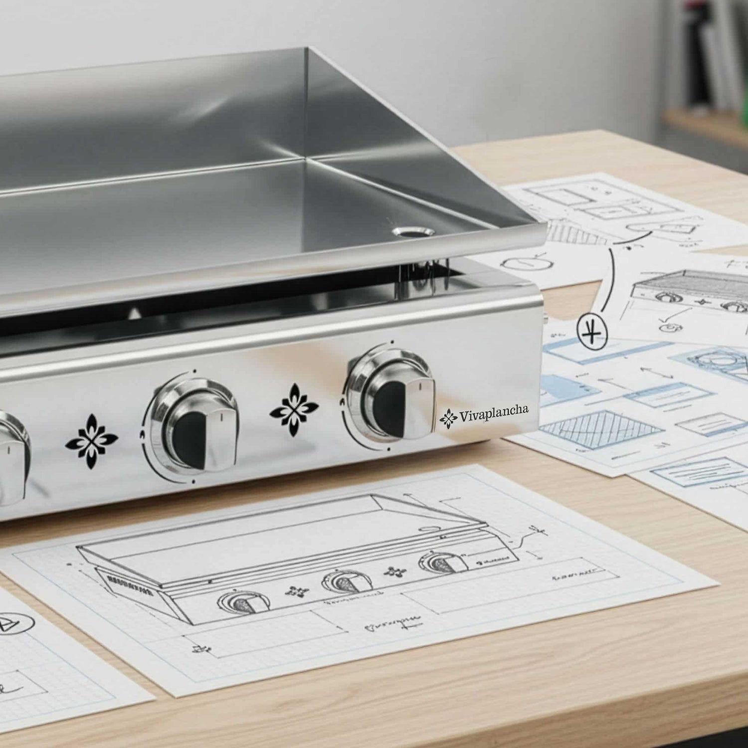 Plancha gaz Vivaplancha en acier inoxydable avec trois boutons de commande, posée sur un plan de travail, entourée de plans techniques et croquis de conception.