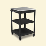 Carrinho Goya 50 em metal preto com tabuleiro em inox, equipado com rodas e uma prateleira inferior, apresentado sobre fundo liso.