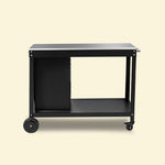 Desserte Oliva noire avec cache-bouteille de gaz intégré, plateau en inox et étagère basse, sur fond beige. ::visuel:aveccache