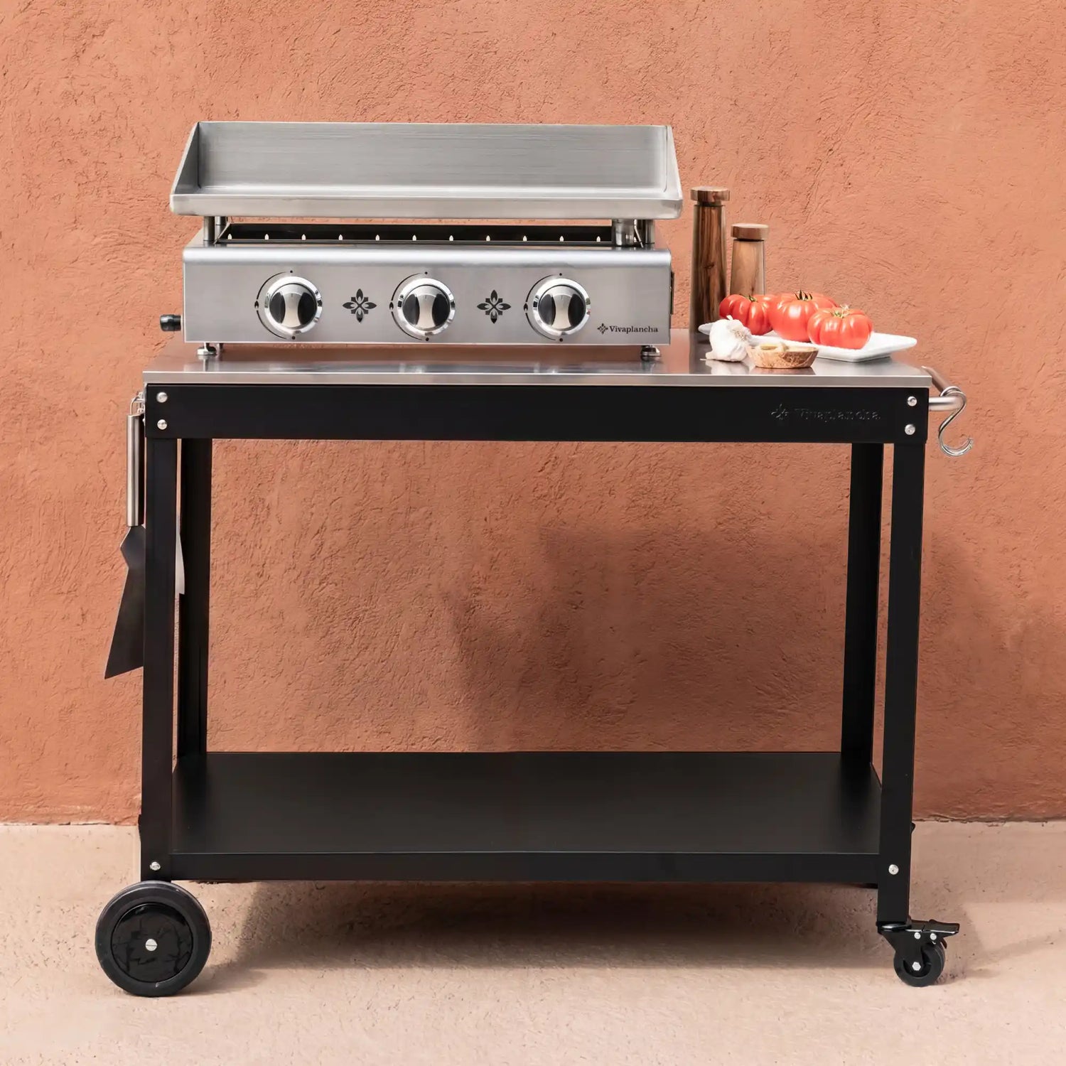 Pack Plancha a gás inox PIMIENTOS 3 queimadores + Tampa + Acessórios + Carrinho