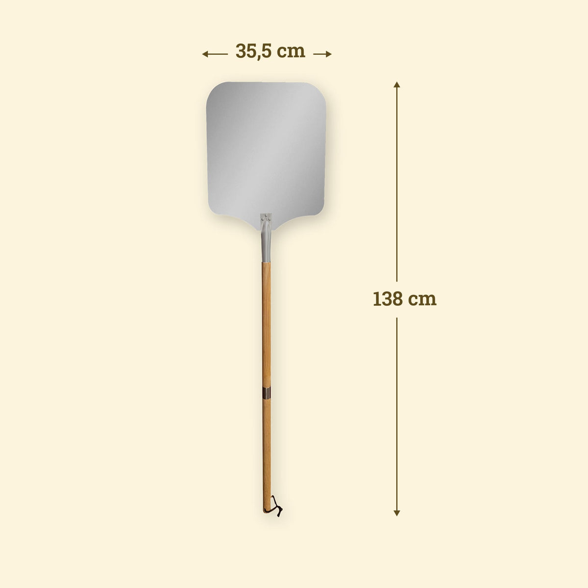 Grande pelle à pizza XL de 138 cm avec large tête en aluminium de 35,5 cm et long manche en bois.