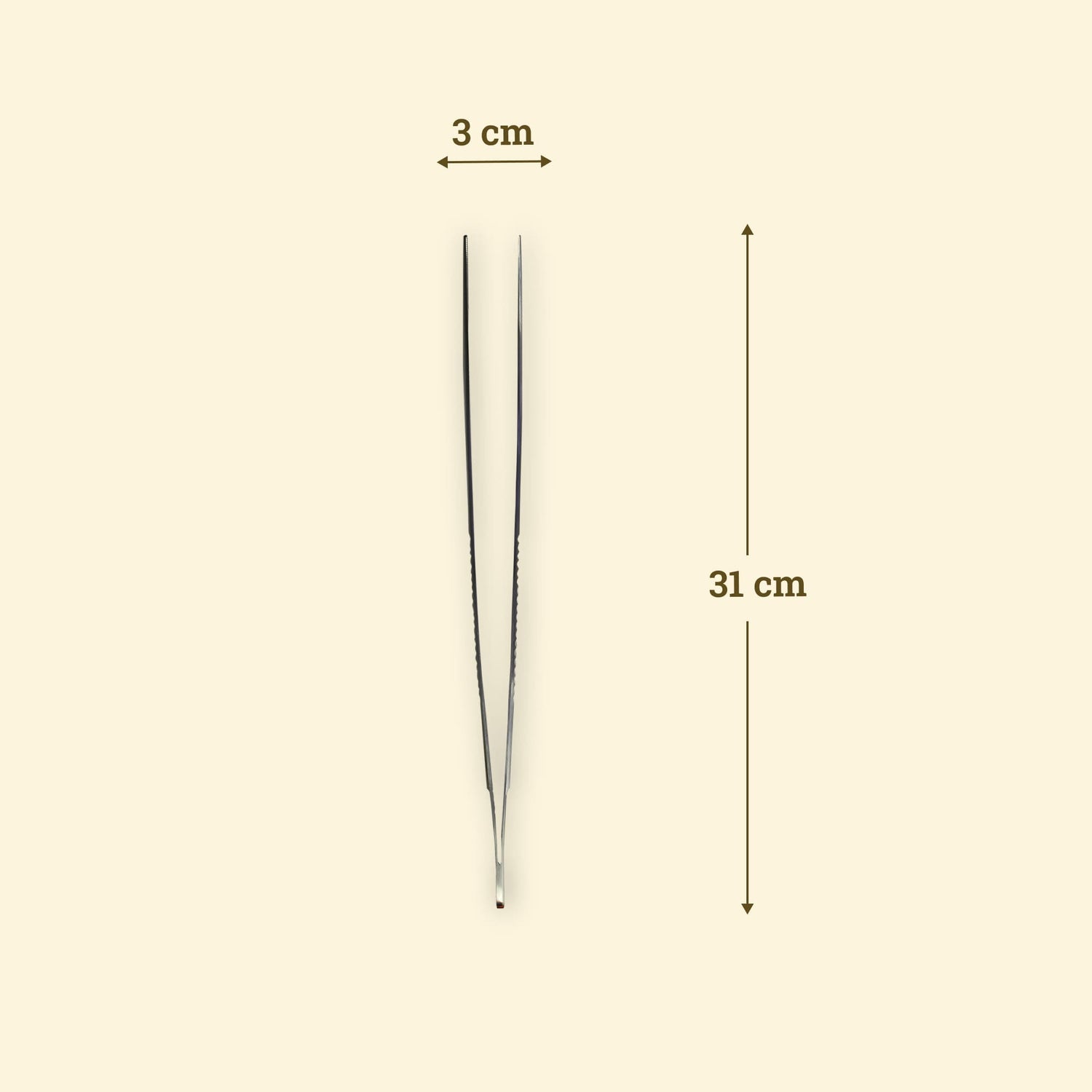Pince de précision en inox de 31 cm avec embouts fins de 3 cm, idéale pour manipuler avec exactitude sur la plancha.