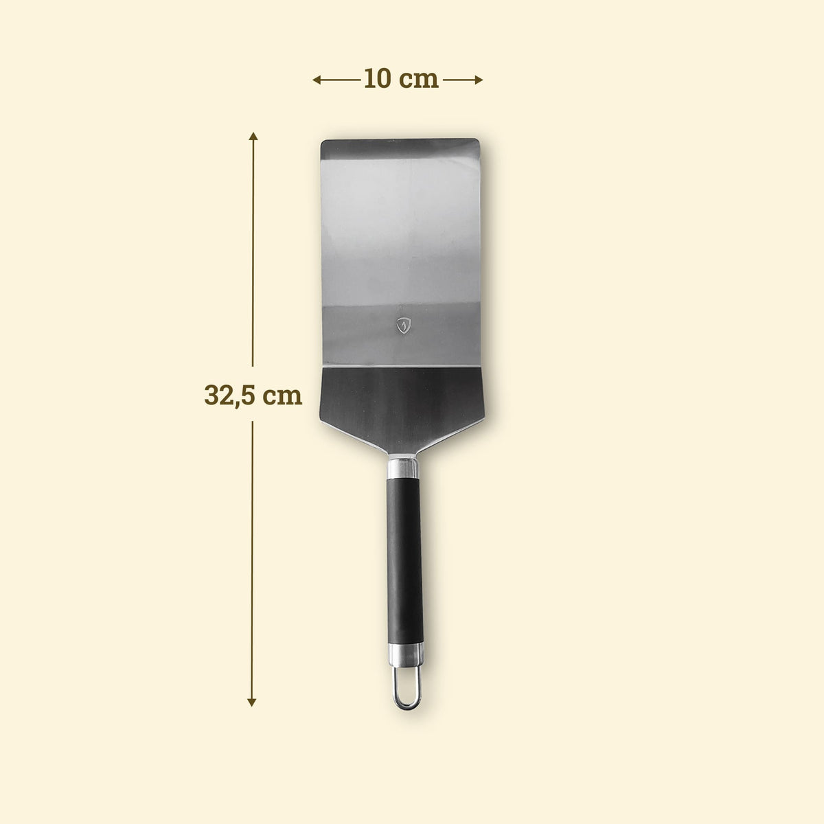 Spatule XL en inox de 32,5 cm avec lame rectangulaire de 10 cm, manche noir et anneau de suspension.