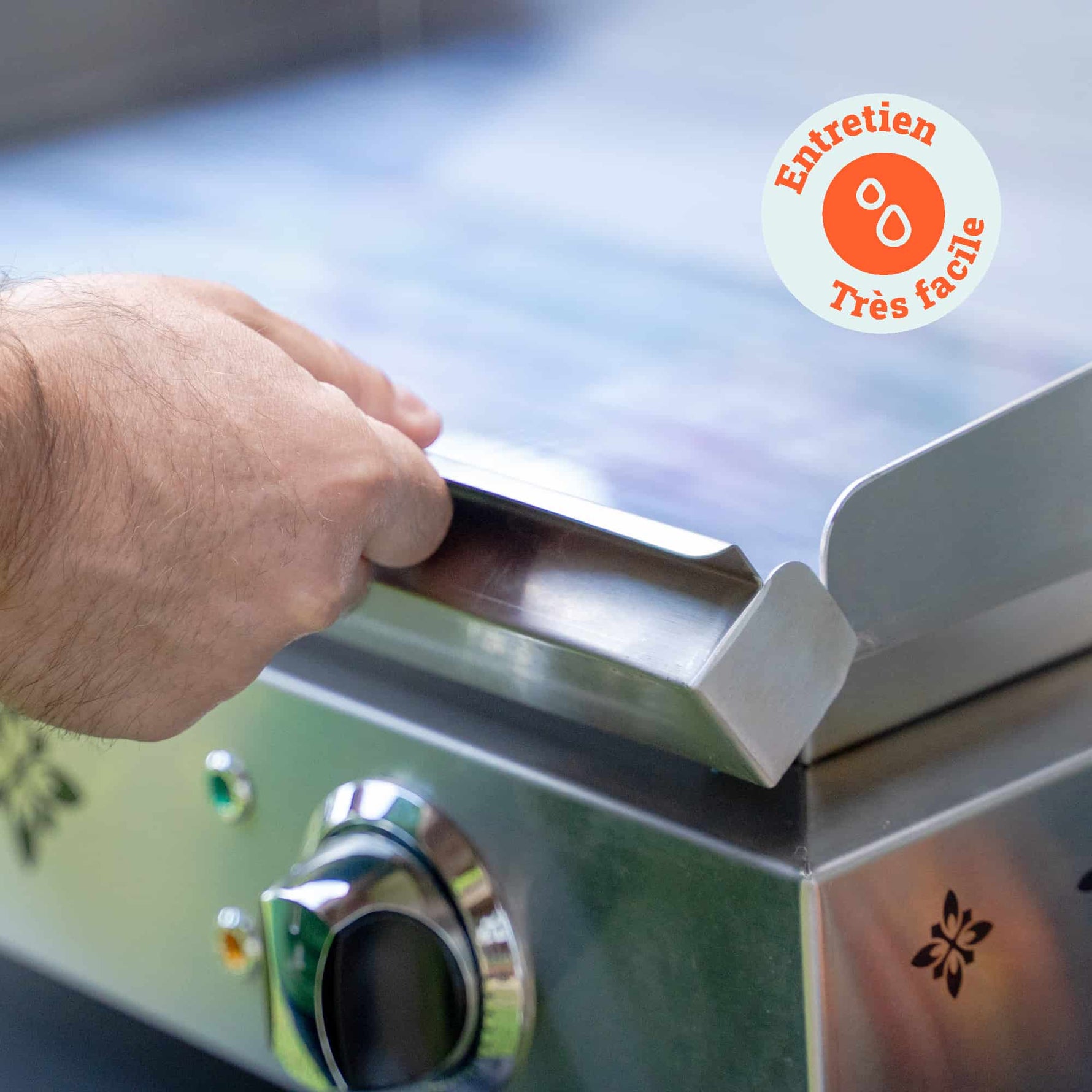 Mão a retirar a placa da plancha Vivaplancha para limpeza, com um selo “Manutenção muito fácil” exibido no canto superior direito.