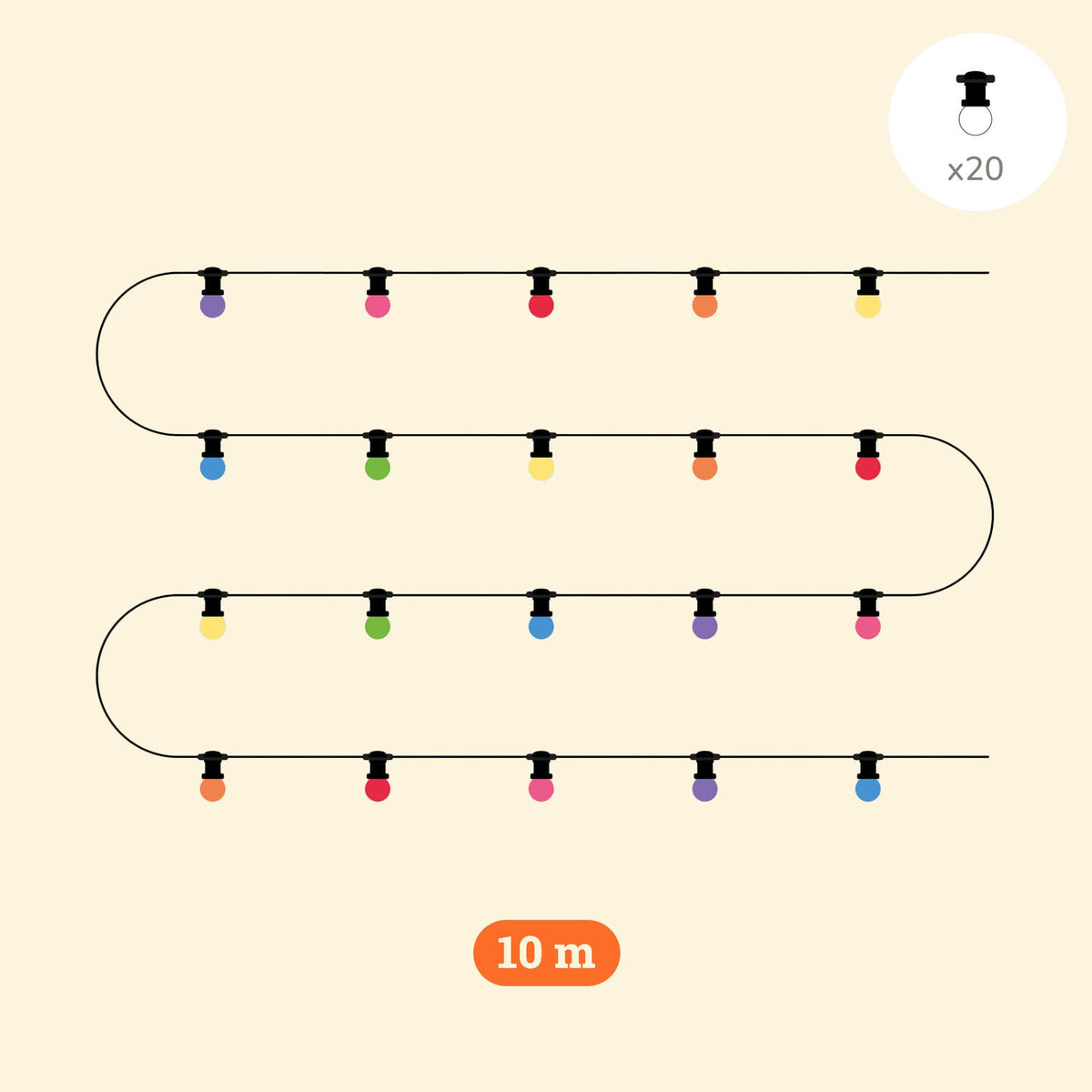 Guirlande lumineuse extérieure multicolore de 10 m avec 20 ampoules colorées réparties sur un câble noir.