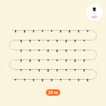 Guirlande lumineuse d’extérieur de 25 mètres avec 50 ampoules colorées type Sunset, disposées sur un câble noir, idéale pour une ambiance festive et chaleureuse en terrasse ou au jardin.