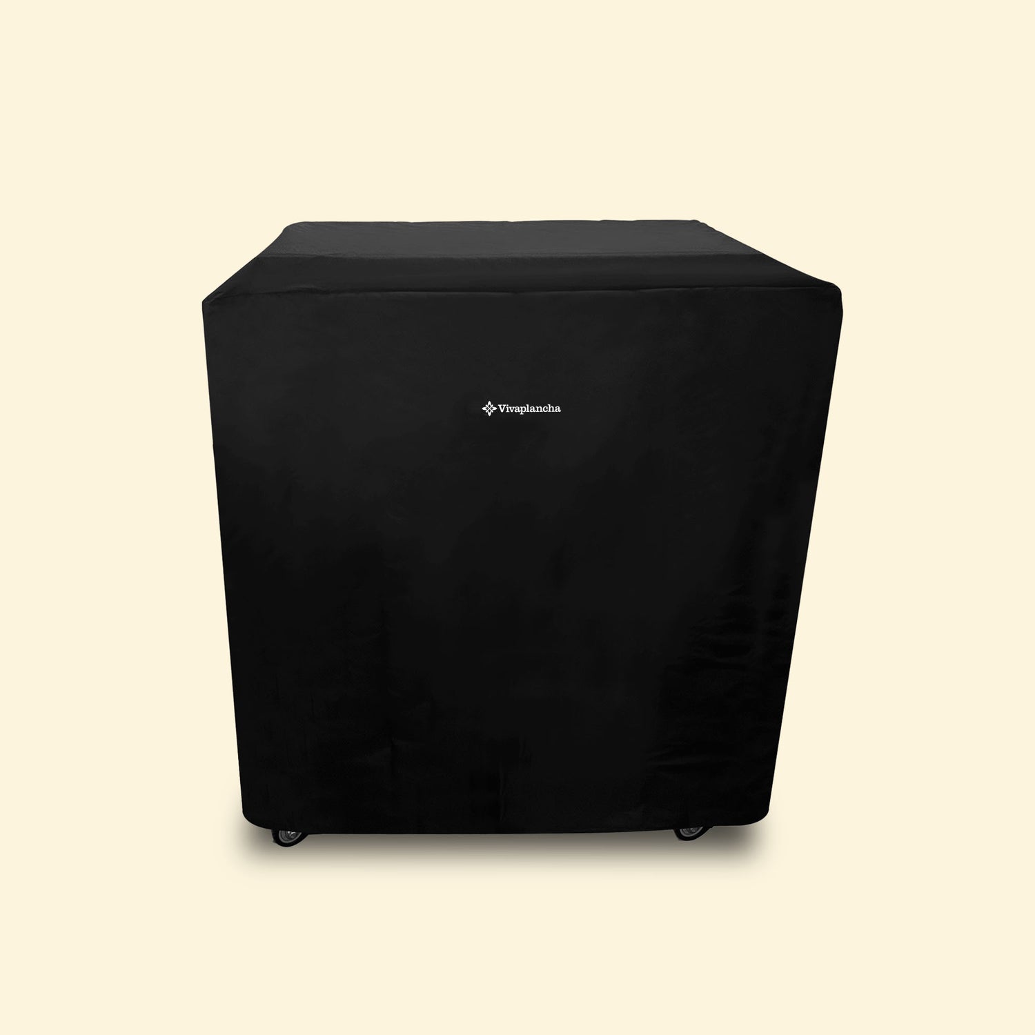 Housse noire de protection pour plancha et desserte Vivaplancha, couvrant entièrement le meuble, présentée de face sur fond uni clair.