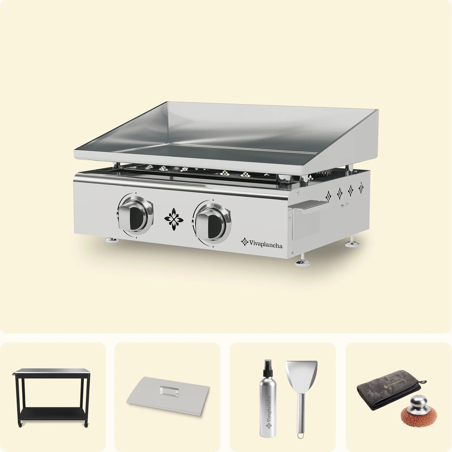 Pack Plancha a gás inox FLAMENCO 2 queimadores + Tampa + Acessórios + Carrinho