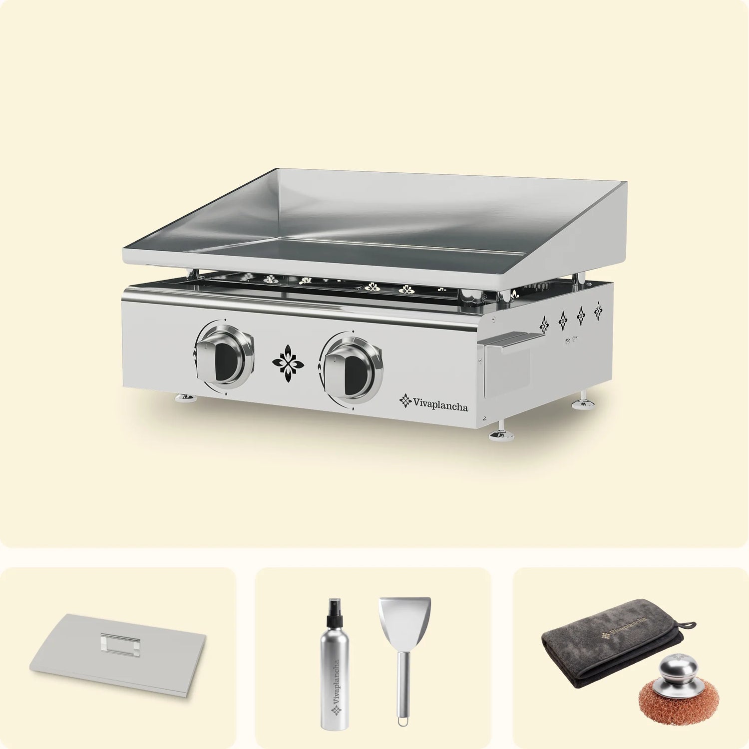 Pack Plancha a gás inox FLAMENCO 2 queimadores + Tampa + Acessórios