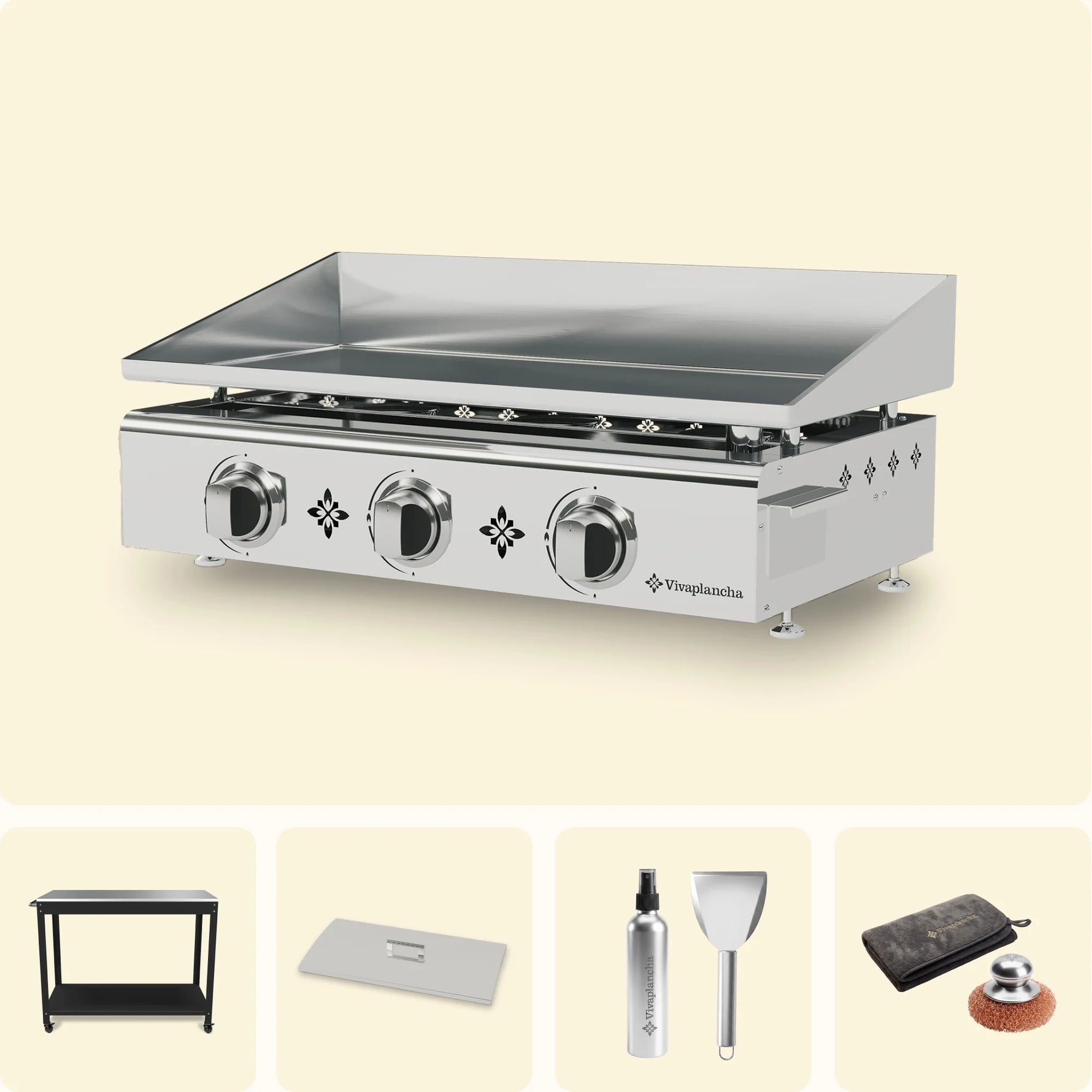 Pack Vivaplancha Pimientos avec chariot noir, couvercle inox et accessoires pour plancha