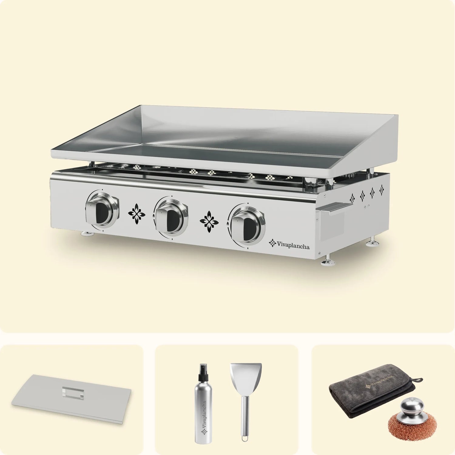 Pack Plancha a gás inox PIMIENTOS 3 queimadores + Tampa + Acessórios