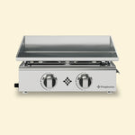 Plancha gaz Vivaplancha inox à 2 feux vue de face, avec façade brillante et plaque de cuisson en inox aux rebords élevés.